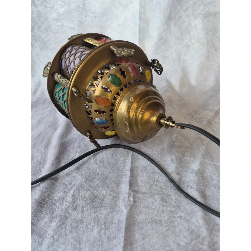 Vintage Moroccan Hanging Lamp Boho Swag Light Pierced Metal Color Glass
